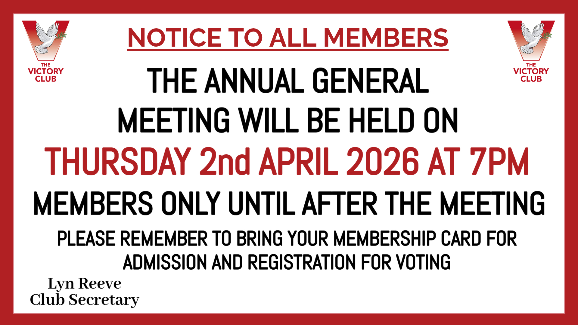 Victory Club annual general club club meeting thursday 2nd april 2026